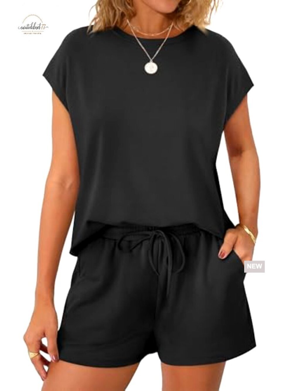 Medium Polyester Blend Lounge Set with Pockets, Cap Sleeve Top & Shorts - Picture 2 of 7